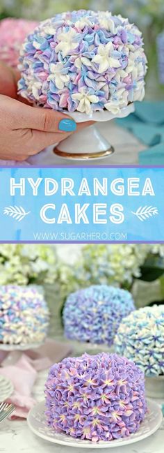 there is a cake with purple and white frosting on it, and the words hydrange