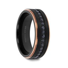 black and rose gold wedding band with black diamonds inlayed to the inside of it