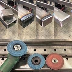 three different types of grinding wheels on a conveyor belt