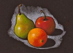 two pears, an apple and a pear on a white plate with a black background