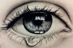 a drawing of an eye with long lashes and tears on the outside of its iris