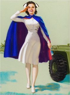 a woman in a white dress and blue cape is standing next to an army vehicle