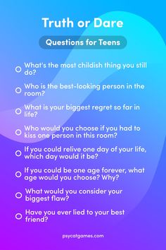 a poster with the text truth or dare questions for teens