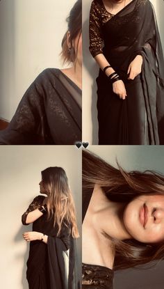 four different pictures of a woman with long hair wearing a black dress and holding her hand on her shoulder