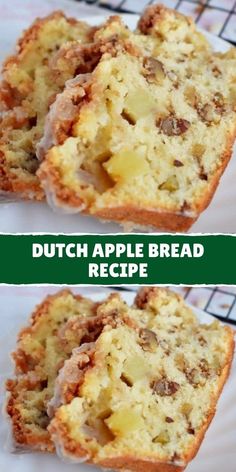 two pieces of bread sitting on top of a cooling rack with the words best dutch apple bread recipe