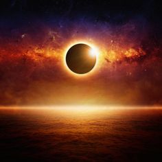 an eclipse in the sky over water with stars and space around it, as seen from earth's horizon