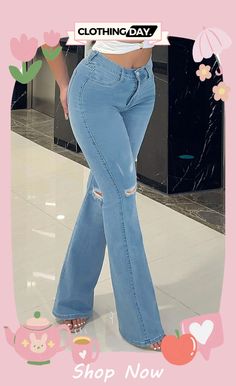 Blue Casual Solid Ripped Patchwork High Waist Regular Denim Jeans Jeans Online, Wholesale Fashion, Buy Now, Denim Jeans, High Waist, High Waisted, Blue, Patchwork