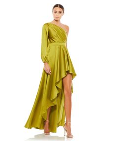 in stock Long Sleeve High Low Dress, Hi Low Gown, High Low Prom Dress, Flowy Gown, Designer Formal Dresses, High Low Gown, Blouson Sleeve, Unique Prom Dresses, One Shoulder Gown