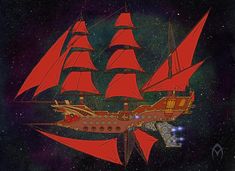 a drawing of a ship with red sails floating in the air, surrounded by stars