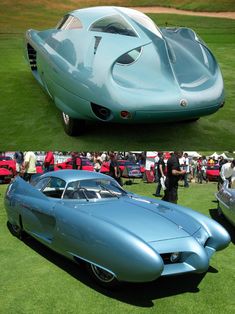 two pictures of the same car on display at a car show, one is blue and the other is silver