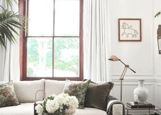 a living room filled with furniture next to a large window and potted plant on top of a coffee table