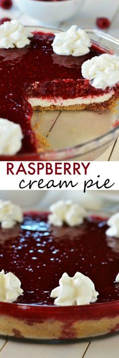 a pie with whipped cream and raspberry toppings on top is shown in two separate images