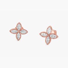 Handmade Solid 14k Rose Gold Four Diamond Marquise Clover Earring