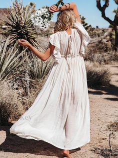 Katykey - Womens Ruched Plunging Vacation Beach Maxi Dress with Drawstring and Ruffle Trim - Solid Color, Stylish Womens Clothing Praia Aesthetic, Womens Beach Dresses, Boho Beach Dress, Long Beach Dress, Wrap Around Dress, Boho Summer Dresses, Boho Style Dresses, Beach Maxi Dress, Stylish Clothes For Women