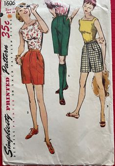 Vintage 1956 Simplicity - #1606 Misses Bermuda Shorts and Top (size 14, bust 32, hip 35) This is a used pattern with instructions. All pieces appear to be present and intact. Envelope shows minor tears and discoloration.  Bermuda shorts in two lengths with fitted top. Fitted 1950s Style Bottoms, Shorts And Top, Fitted Top, Beauty Book, Bermuda Shorts, Pet Supplies, Art Collection, Bathing Beauties, Purses And Bags