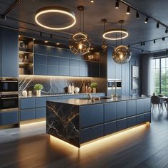 a modern kitchen with marble counter tops and blue cabinetry, along with hanging lights