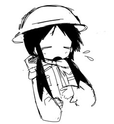 a black and white drawing of a person with long hair wearing a hat, scarf and jacket