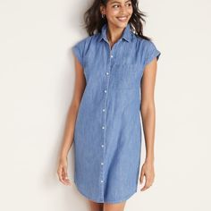 New First Pic Stock Medium Wash Button-up Dress For Daywear, Medium Wash Short Sleeve Shirt Dress For Day Out, Casual Short Sleeve Denim Dress, Casual Fitted Dress With Rolled Sleeves, Medium Wash Short Sleeve Shirt Dress With Buttons, Casual Knee-length Shirt Dress For Dress Down, Blue Cotton Button-up Dress, Blue Cotton Shirt Dress With Button Closure, Blue Dresses With Button Closure And Relaxed Fit