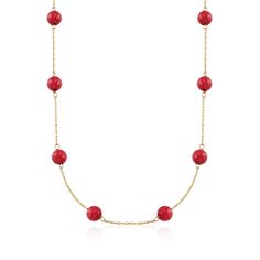 Ross-Simons - 8mm Red Coral Bead Station Necklace in 14kt Yellow Gold. 20". Incorporate this versatile red coral bead station necklace into your everyday ensembles for a pop of bold red that ties your whole look together. On it, 8mm red coral beads are stationed along a 14kt yellow gold rope chain that finishes with a springring clasp. Red coral bead station necklace. Gold Rope Chains, Station Necklace, Coral Beads, Red Coral, Rope Chain, Beaded Necklace, Fine Jewelry, Coral, Yellow Gold