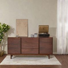 a living room with a plant and a record player on top of a wooden cabinet