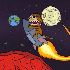 a monkey riding on top of a rocket with the moon in the sky behind it