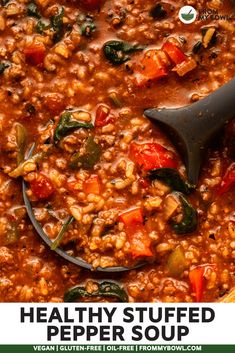 healthy stuffed pepper soup in a pot with a ladle