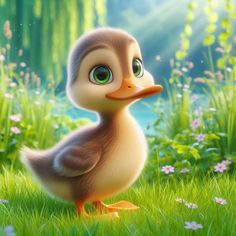 a cartoon duck standing on top of a lush green field