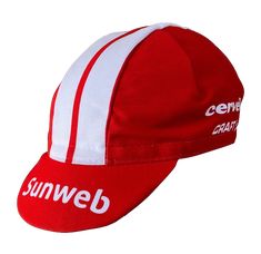 a red and white sunweb hat with the word'dew'on it