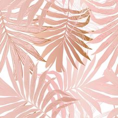 an abstract pink and gold palm leaves pattern on a white background with light pink highlights