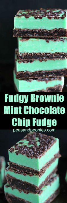 three pieces of fudge brownie mint chocolate chip fudge on top of each other