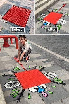 a person kneeling down on the ground next to a red object with eyes and hands painted on it