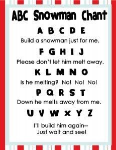 a poster with the words abcc snowman chart in red, white and blue