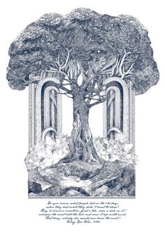 a drawing of a tree with two doors in it