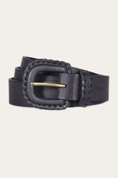 30mm Belt With Covered Buckle & Leather Lacing Black Leather Belt Buckle With Clip, Luxury Black Bridle Leather Belt, Black Leather Belt With Buckle Closure, Black Leather Belt Buckle With Brass Detail, Black Leather Belt Buckles With Gold-tone Hardware, The Frye Company, Sunglasses Shop, Wallet Accessories, Black Laces