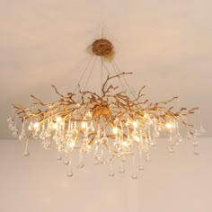 a chandelier hanging from the ceiling in a room with white walls and flooring