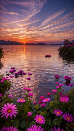 the sun is setting over some water with pink flowers