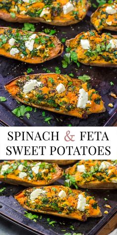 spinach and feta sweet potatoes on a baking sheet with the title text overlay