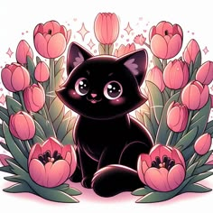 a black cat sitting in front of pink flowers