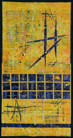 an abstract painting with yellow, blue and black lines on the bottom half of it