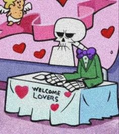 a cartoon character sitting at a table in front of a sign that says welcome love's