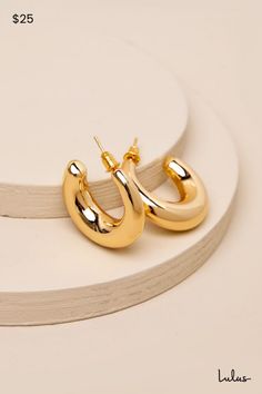 With an impressive addition like the Lulus Superb Shine 14KT Gold Chunky Hoop Earrings, your look is sure to stand out! These chic, 14KT gold-plated earrings are perfect for any occasion, thanks to their timeless hoop silhouette with a chunky profile that lends an extra trendy finish. This item is plated with real 14KT gold. Love it and it will love you back! Remove before exercising or showering, and when applying scents, lotions, and sprays. Post backs. 1" Diameter. 10% 14K Gold-Dipped Brass, 90% Plastic. Imported. Lulus | Superb Shine 14KT Gold Chunky Hoop Earrings. Mini Gold Hoops, Big Gold Hoop Earrings, Chunky Gold Earrings, Chunky Gold Hoop Earrings, Chunky Hoop Earrings, Chunky Earrings, Accessories Jewelry Earrings, Gold Dipped, Gold Hoops