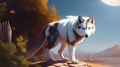 a white wolf standing on top of a rock