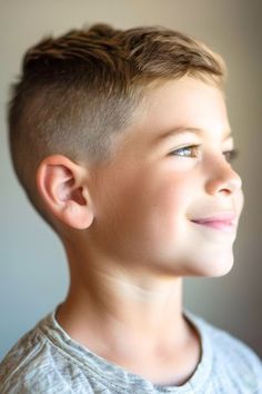 Flat Top With High Fade Haircut on smiling boy with brown hair, side view. Boys Haircut Short Sides, Fade Cuts For Boys, Boy Haircut Short, Short Boys Haircut, Short Boys Haircut Trendy, Boys Short Haircut, Boys Haircut Trendy, Hair Side View