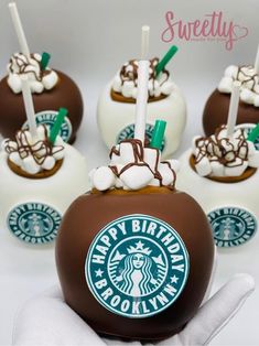 chocolate caramels with marshmallow toppings and starbucks logo on them