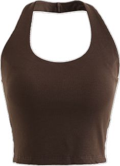 Casual Seamless Backless Top, Casual Brown Halter Neck Tank Top, Summer Cotton Racerback Crop Top, Brown Stretch Crop Top, Trendy Stretch Brown Halter Top, Brown Stretch Halter Neck Crop Top, Chic Cotton Halter Tank Top, Casual Stretch Halter Neck Crop Top, Stretch Halter Neck Casual Crop Top