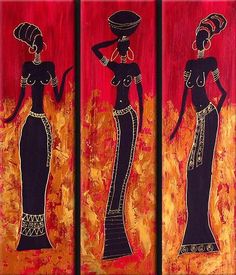 three pieces of art depicting african women in black and gold outfits, one with a hat on her head