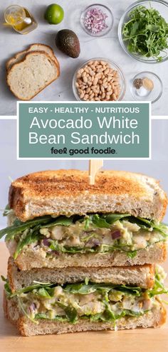 an avocado white bean sandwich with lettuce, beans and other ingredients