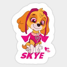 a cartoon dog wearing a pink shirt with the word skye on it's chest