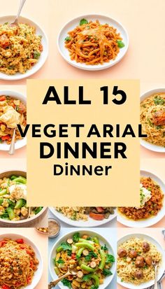 a table topped with lots of plates and bowls filled with different types of food next to a sign that says all 15 vegetarian dinner