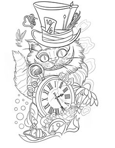 a cat wearing a top hat and holding a clock in its paws with butterflies around it